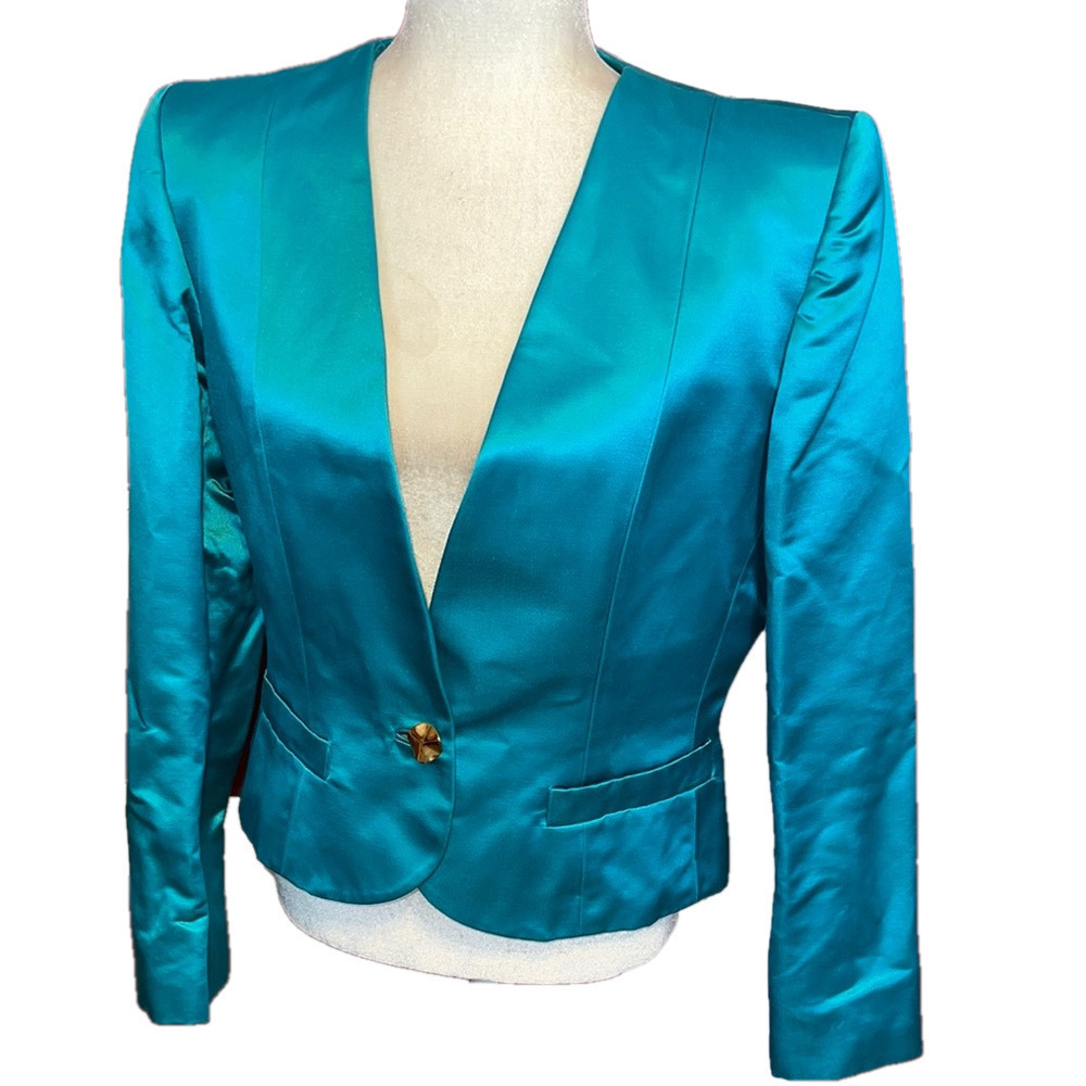 VTG 80’s Carlisle Blue Jacket Blazer Satin Finish Structured Design Silk Blend